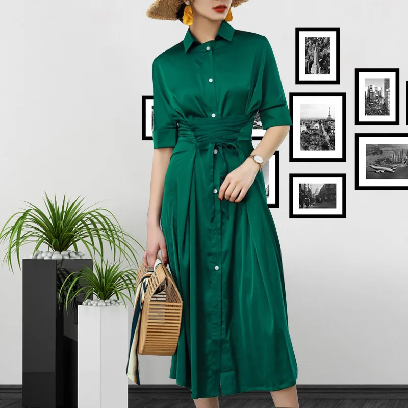 

2019 Women's Dress New Hong Kong Style Shirt dress Fashion Lapel Waist Belt Show Thin Short Sleeve Dress Women