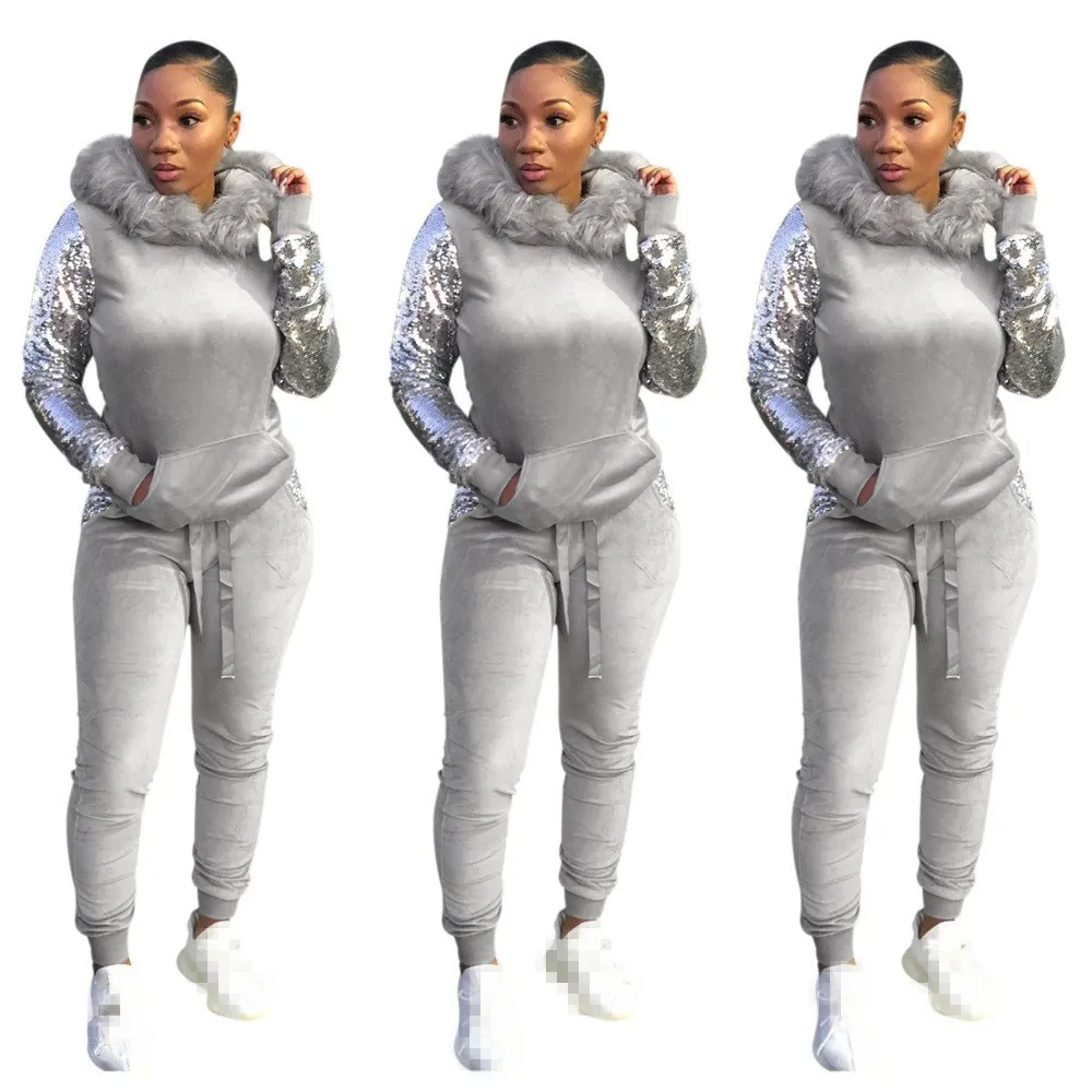 

Casual Velvet Tops and Pants Two Piece Set Outfits Women Sweatsuit Hoodies Tops Pant Sweat Suit Two Piece Velour Tracksuits