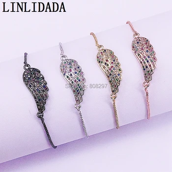 

10Pcs Mix Colors Copper Metal Micro Pave Multicolor Zircon Wings Feather Connectors Bracelets