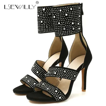 

Lsewilly Women Sandals Fashion Zipper High Heel Peep Toe Summer Shoes Rhinestone Ladies Wedding Party Shoes Size 32-46 E880