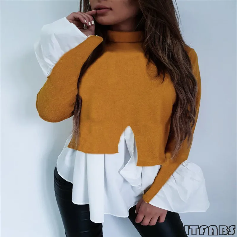 

Trendy Women clothes Irregular Turtle Neck pullover Geometry Tops Long Sleeve Casual Loose Autumn T-Shirts one pieces