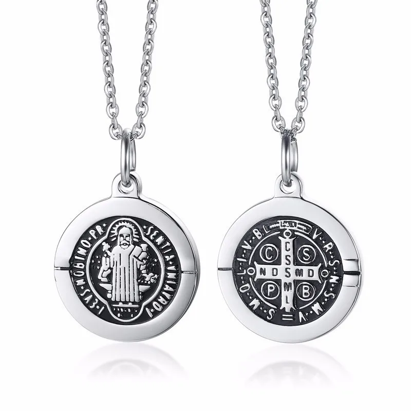 

Saint Benedict Medal Pendant San Benito Neckalce Silver Tone Charm Stainless Steel Jewelry In 20inch 24inch Chain Link