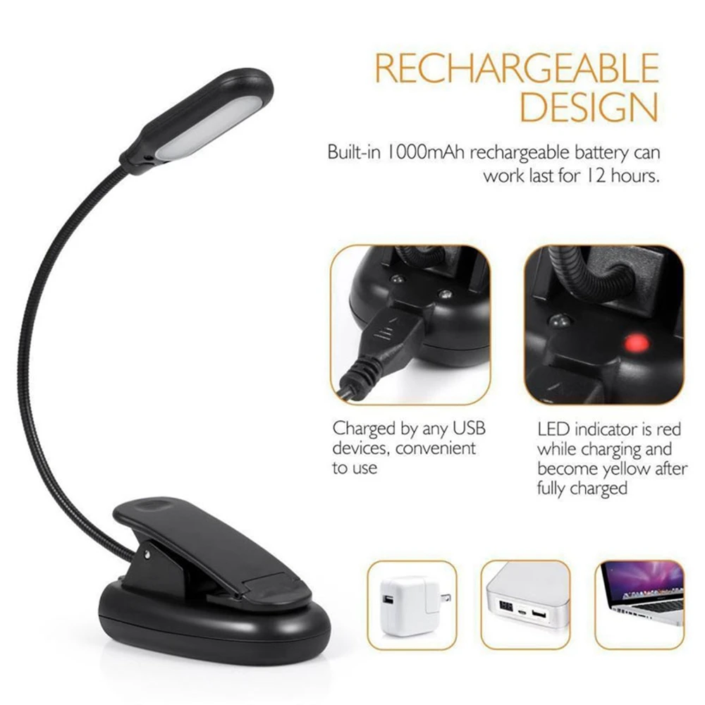 

CLAITE 110LM Book Light USB Rechargeable Flexible 1W 5 LED Clip Reading Night Light 3 Brightness Modes Table Lamp