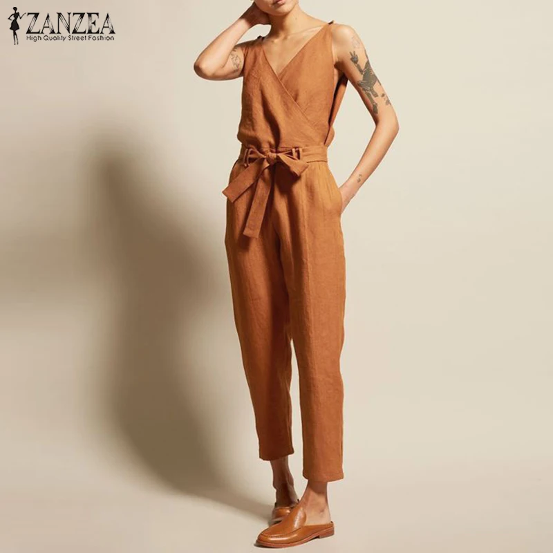 

ZANZEA 2019 Summer Solid Sleeveless Rompers Fashion Cotton Linen Playsuits Elegant Work OL Jumpsuits Women Casual V Neck Pants
