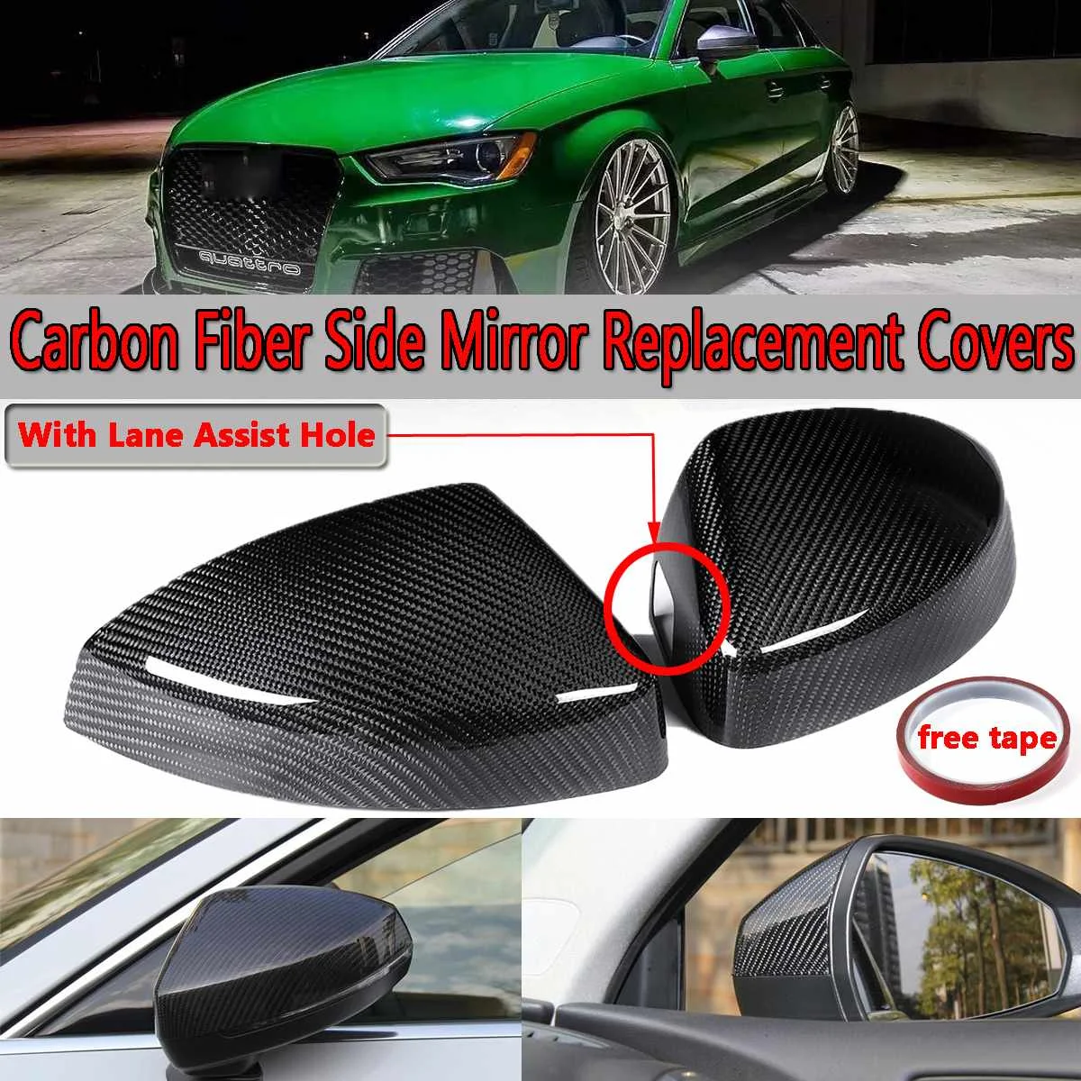 

2pcs Real Carbon Fiber Add-on Car Side Mirror Covers For Audi A3/S3/RS3 Models 2014-2018 With Lane Assist Option