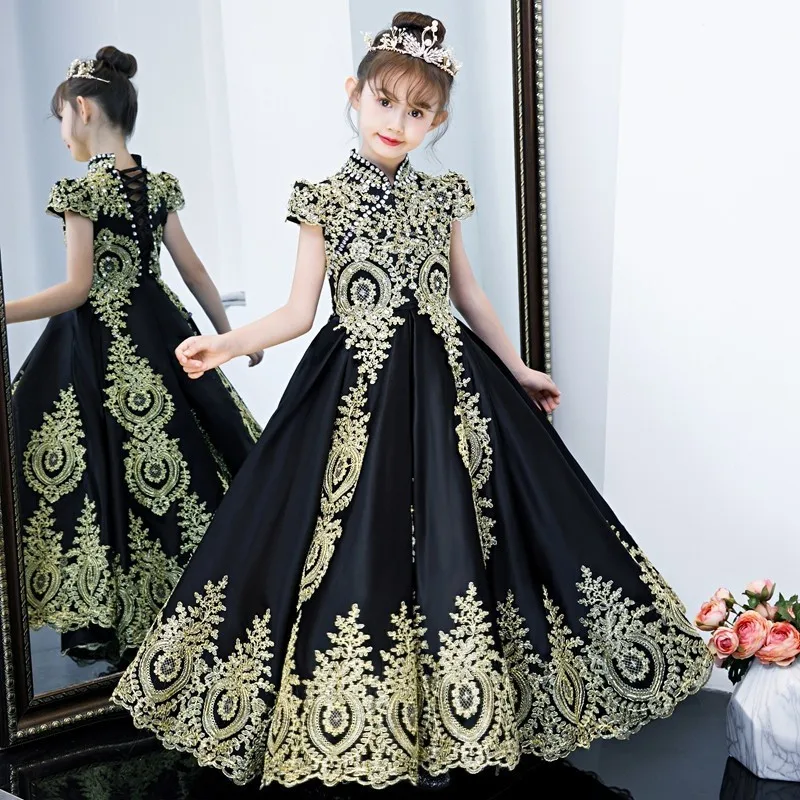 Vestido daminha/роскошное черное фатиновое Золотое кружевное платье с цветочным узором для девочек на свадьбу; коллекция года; Бальные платья с короткими рукавами для девочек; платье для выпускного вечера