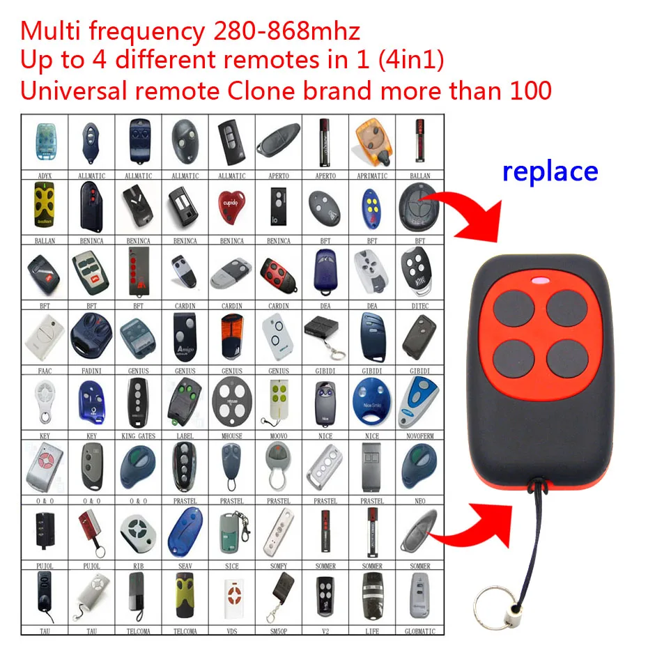 

4in1 Duplicate 280mhz~868mhz Remote Control Universal Remote Control 4 Channel Command Handzender Garage Gate Key Fob