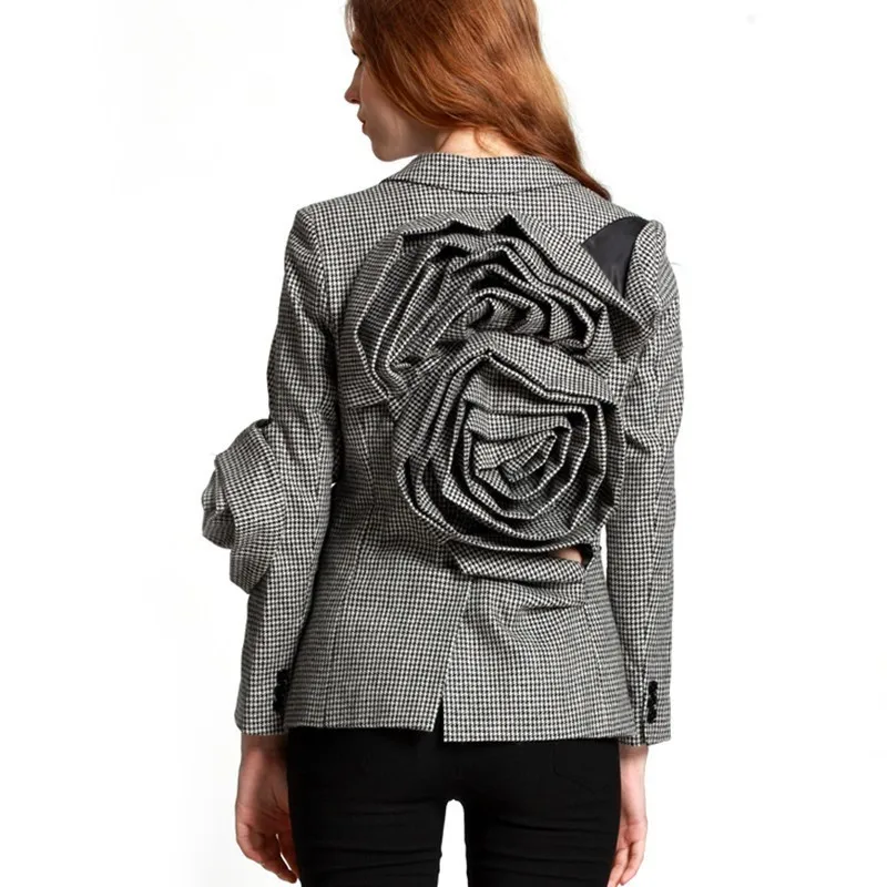 [EAM] новая весенняя черная клетчатая Свободная куртка с отворотом и длинным рукавом с объемными цветами Женское пальто JG752