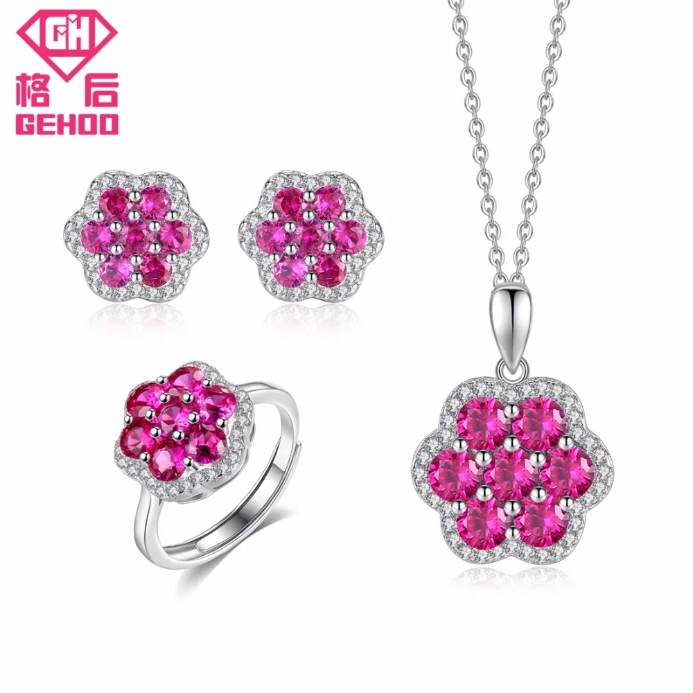 

GEHOO Sun Flower Style Red Ruby Gem Jewelry Set Paved CZ 925 Sterling Silver Women Charm Pendant Necklace & Stud Earrings & Ring