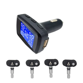 

Tire Pressure Monitoring System Wireless TPMS Cigarette Lighter Plug with 4pcs Internal Sensors Temperature Pressure LCD Display