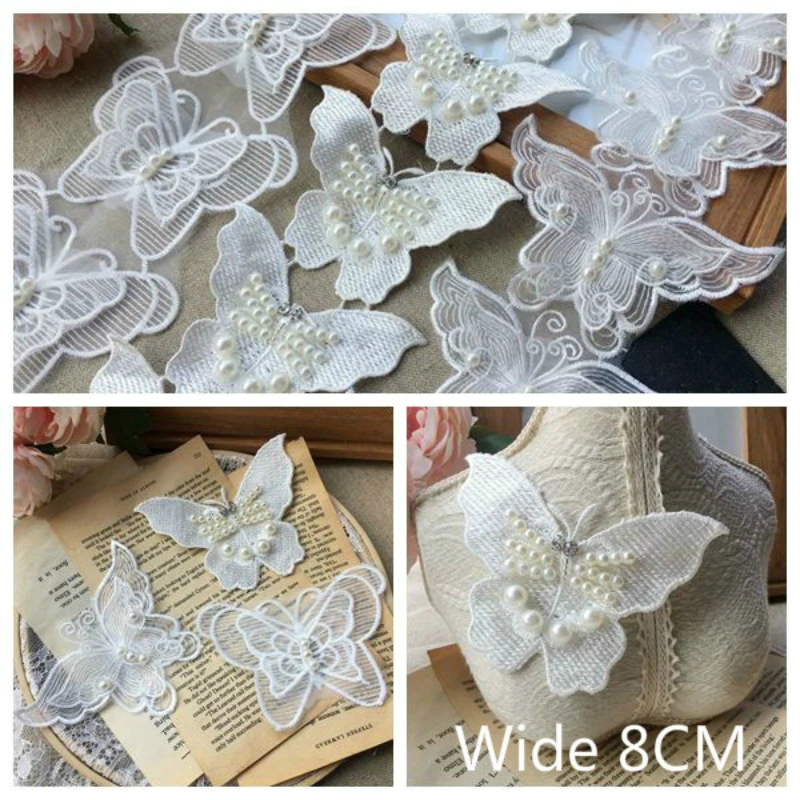 

6P Exquisite Tulle White 3D Beaded Butterfly Cotton Embroidery Lace Ribbon Dress Collar Decorated Trim For DIY Sewing Supplies