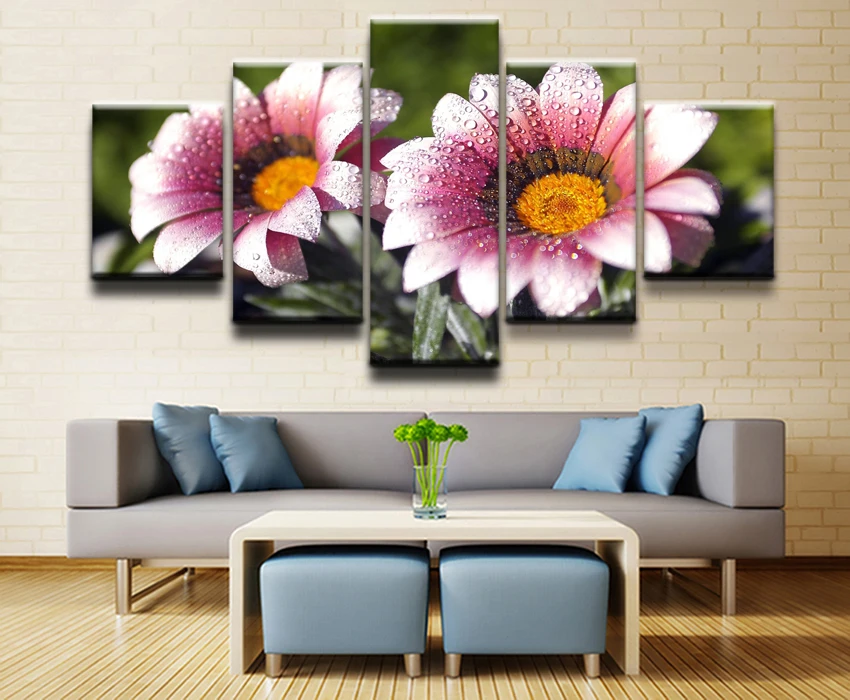 Modern Home Decorative Pictures HD Printed Canvas Painting 5 Pieces Dew Pink Flower Poster For Living Room Wall Art Framework Modern Home Decorative Pictures HD Printed Canvas Painting 5 Pieces Dew Pink Flower Poster For Living Room Wall Art Framework