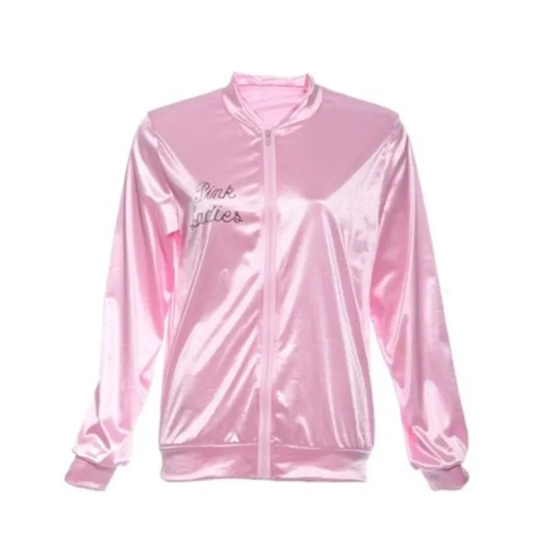 

Sweet Women Retro Long Sleeve Bomber Jacket Zipper Rib Sleeve Jacket Fancy Grease Costume Cheerleader Coat Pink S-XL