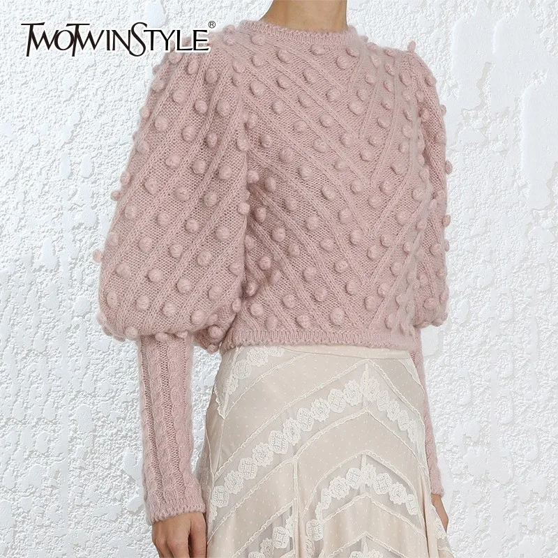 

TWOTWINSTYLE Knitted Sweater Women Lantern Long Sleeve Patchwork Hair Bulb Short Pullover Tops Female Autumn 2019 Casual Fashion