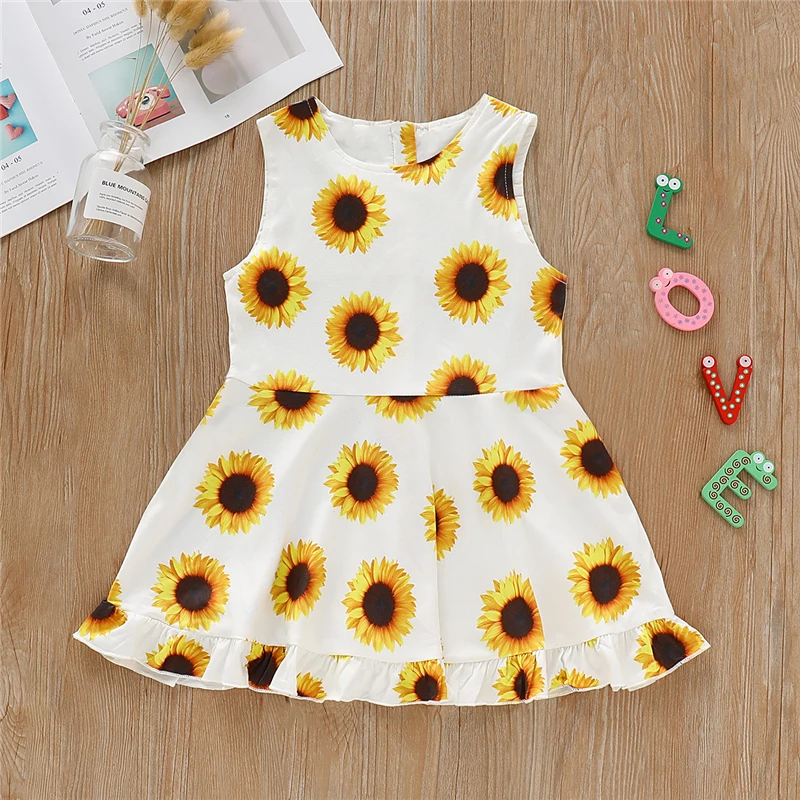2019 Sunflower Toddler Summer Kids Baby Girl Dress Sleeveless Zipper
