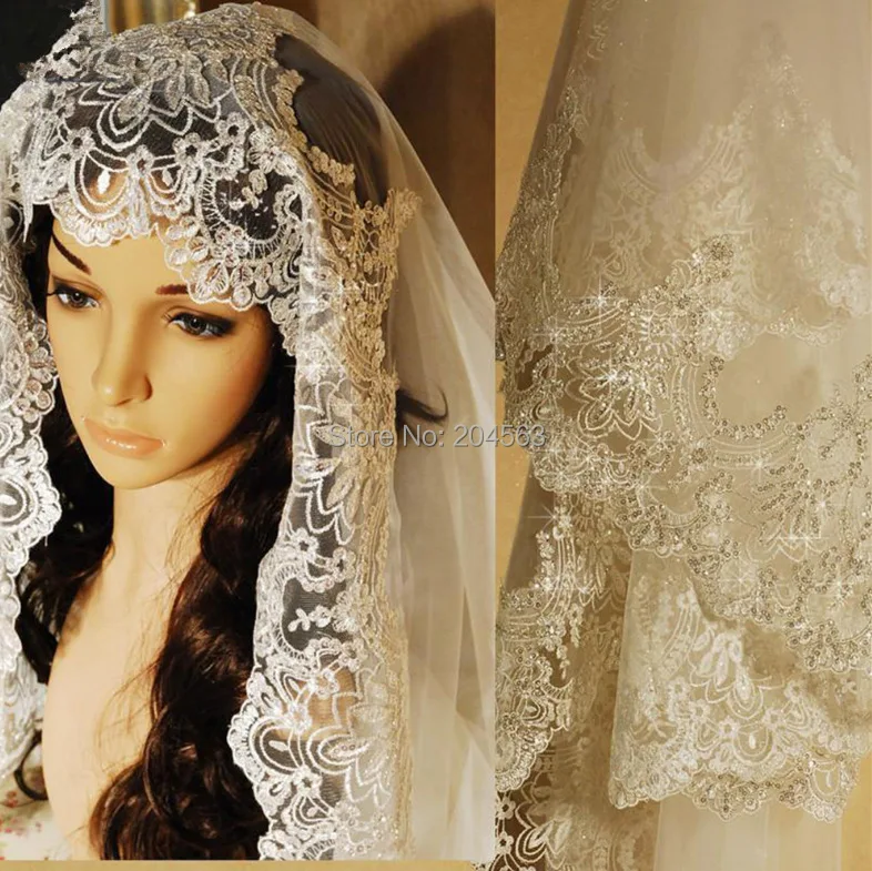 

Stunning White or Ivory Long Lace Wedding Veils Tulle Veil for Bride without Comb and Flowers