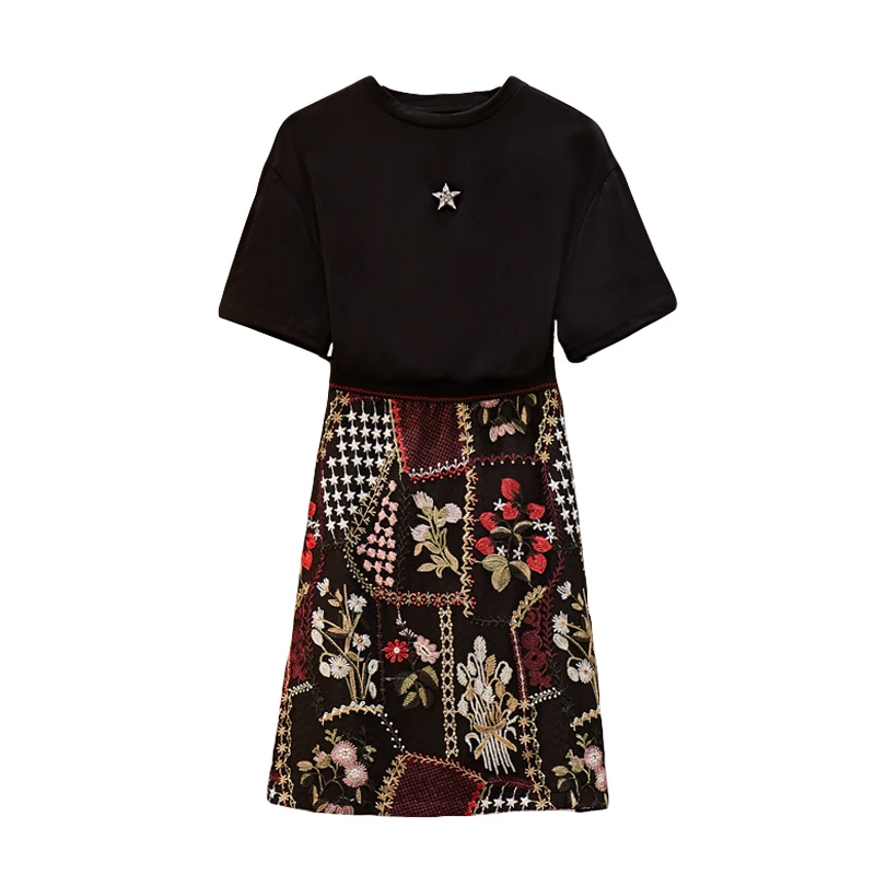 

Large Size 5XL Elastic Waist Runway Skirt Set Women 2 Piece Suit Black Five-pointed Star Bead T-shirt + Floral Embroidery Skirt