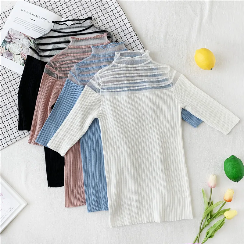 

Patchwork Mesh Turtleneck Knitted Half Sleeve Solid Thin T-shirts Girls Knitting Large Elastic Tees Tops Tshirt For Women