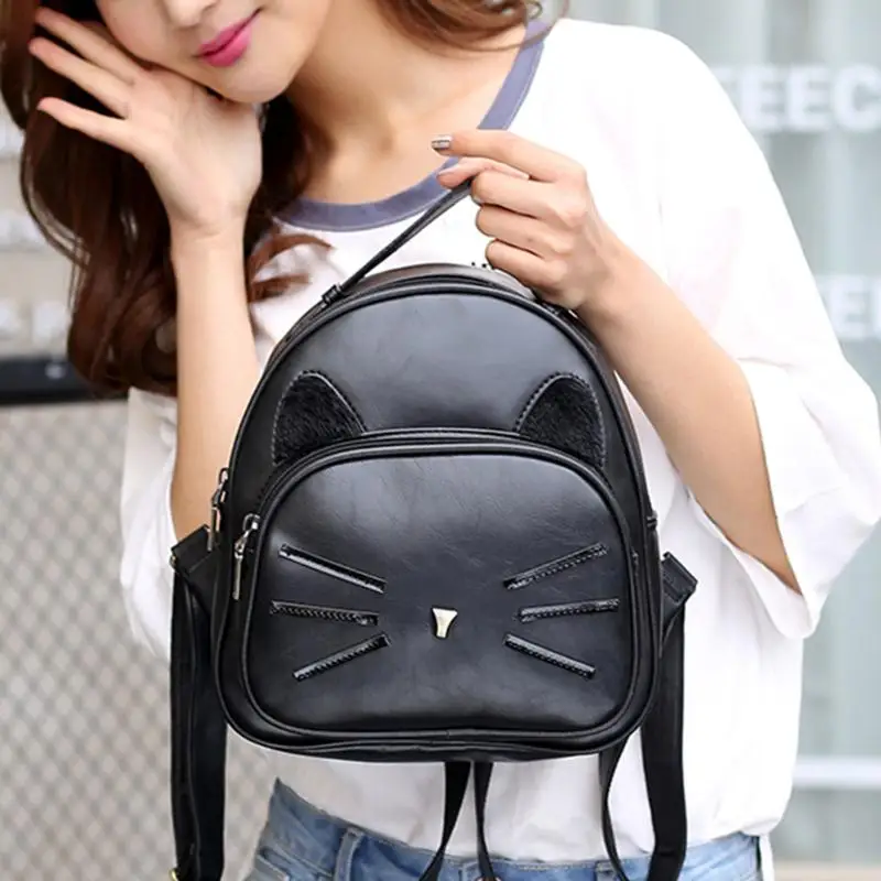 

Women PU Leather Cartoon Cute Cat Printed Backpack Girls School Bag