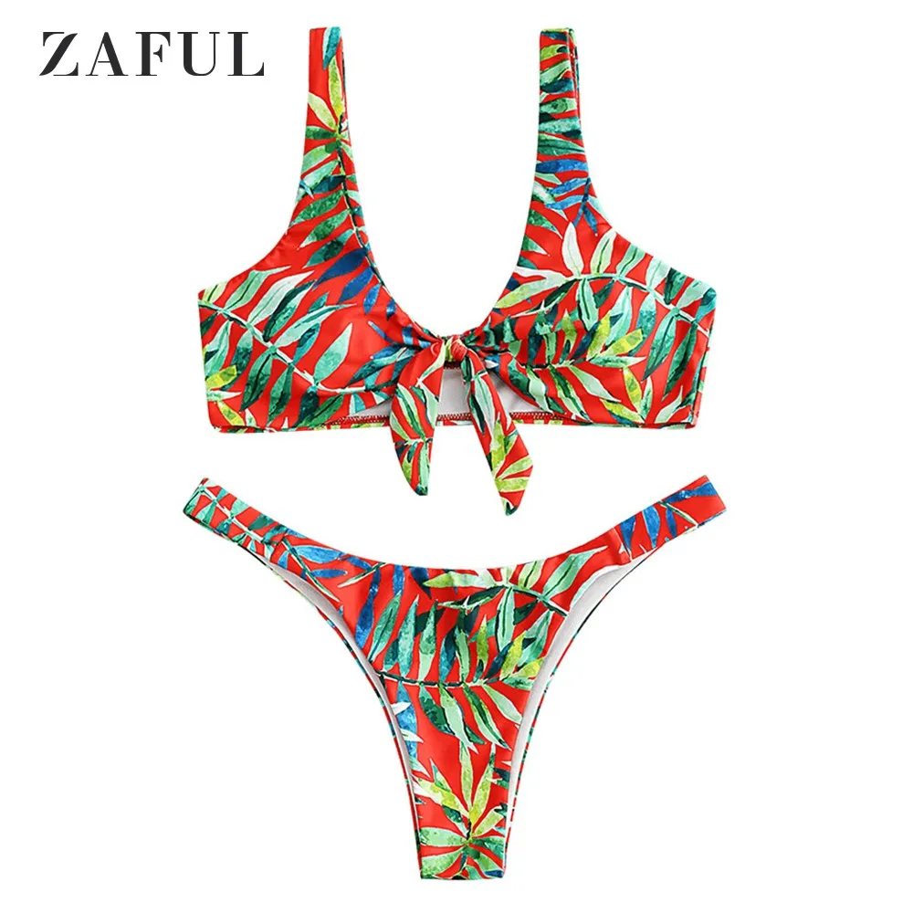 

ZAFUL Women Bikini Set Leaf Print Knot High Cut Bikini Set Lady Sexy Bikini Swimwear Summer Beach Swimsuit Bathing Suit
