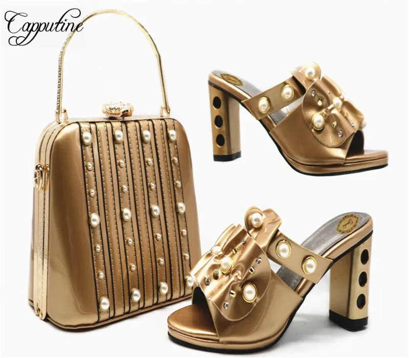 

Capputine AFrican Style PU With Pearl Shoes And Purse Set Faashion High Heels 8CM Shoes And Bag Set For Wedding 5Colors Stock