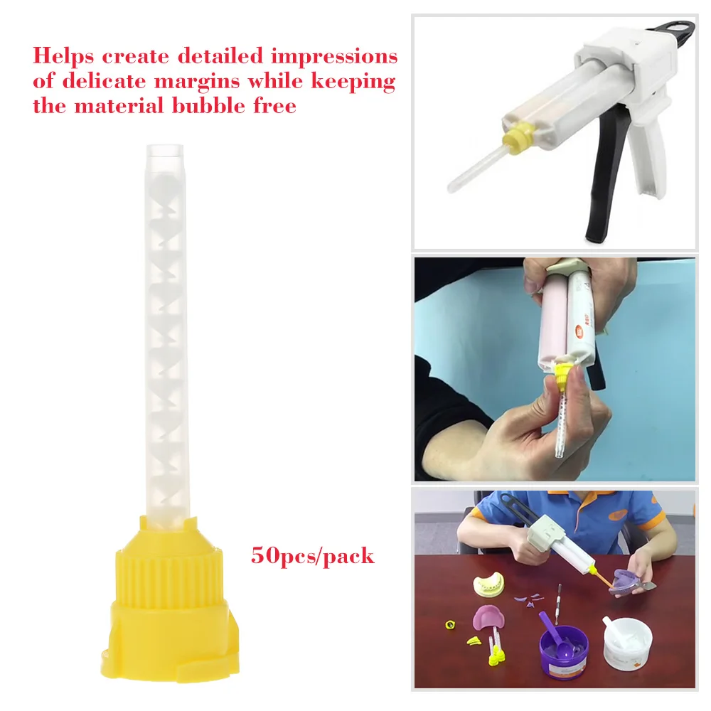 

50 Pcs/Pack Yellow Dental 4.2 mm Impression Mixing Tips Silicon Rubber Dispenser Gun Mixing Tips Disposable Dental Product