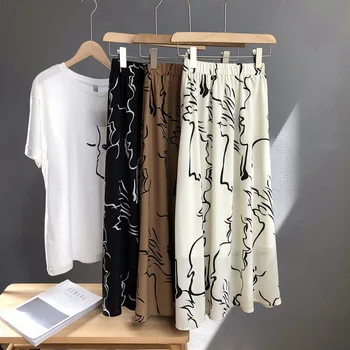 

Winter 2019 Woman Skirt Casual Vintage High Printing Chiffon A-line Slim Female Saia