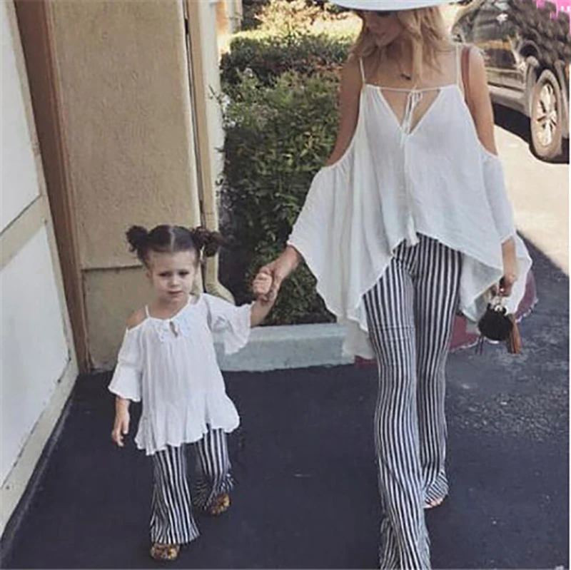 

2019 Family Matching Outfits Clothes Suits Mom Daughter Women Girls Off Shoulder Top T Shirt Striped Pants Long Trousers Set New