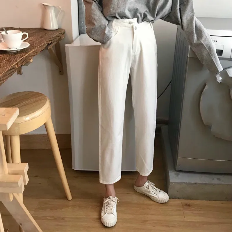 

White Jeans Woman 2019 Spring Korean Loose BF Washed Denim Pants Ankle-Length Straight Jeans Boyfriend Jeans