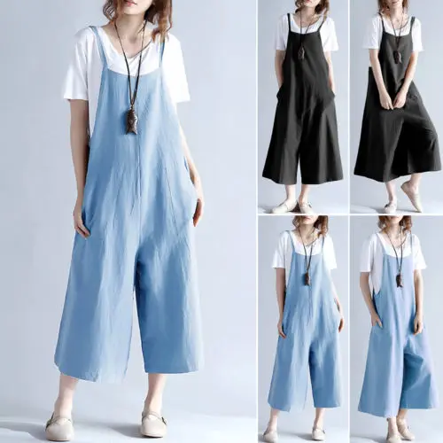 Women Causal Solid Color Vintage Jumpsuits Loose ladies