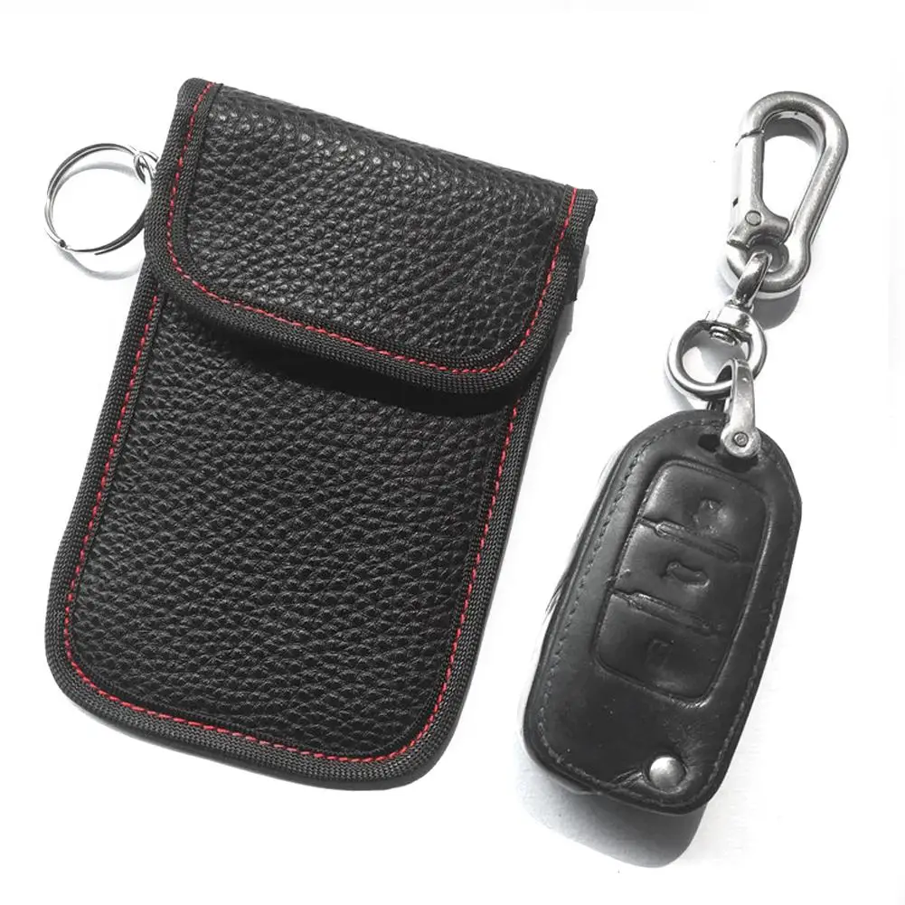 

Lychee Soft PU Leather Car Key Bag Signal Blocker Case Anti-thief Protector Pouch Compact Car Keysring Bag Anti-lost Key Ring