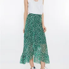 Цветочный принт шифоновая юбка макси Длинные Нерегулярные оборками кружево до чешские летние для женщин Высокая талия пляжная юбка мода