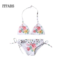Летний милый комплект бикини с цветами для маленьких девочек, бандажные купальники, купальник, купальные костюмы, пляжный костюм с цветочным рисунком