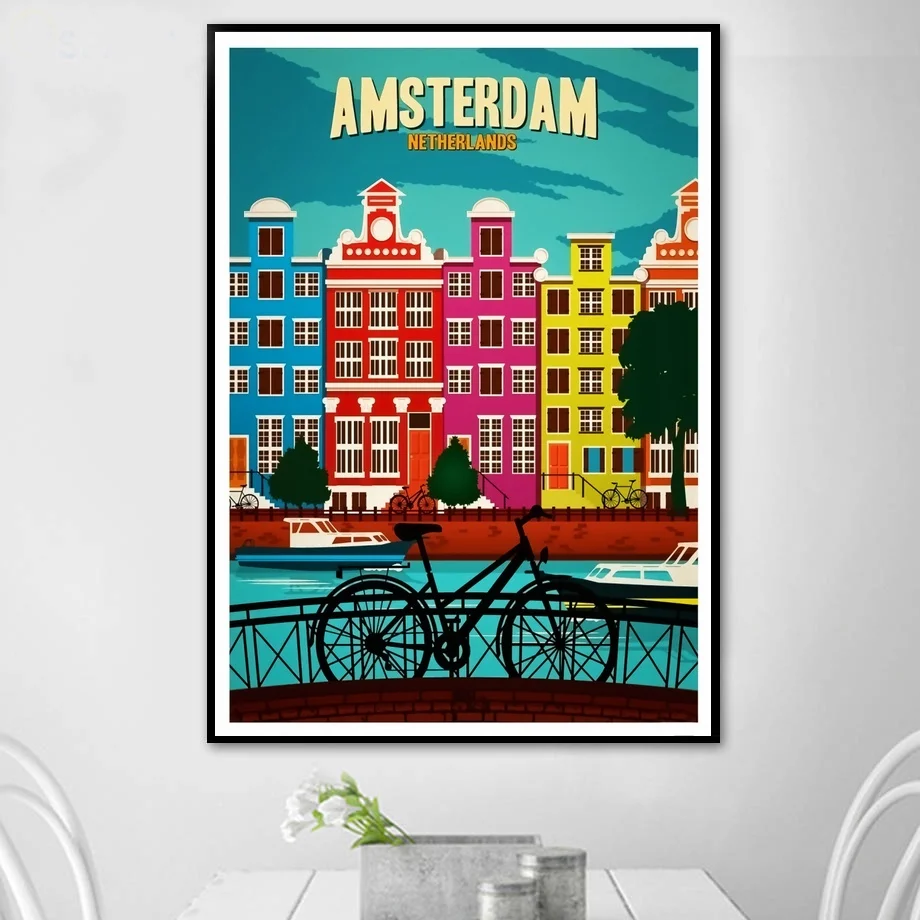 AMSTERDAM Nederland VENICE ITALY VINTAGE Travel Poster Landscape Art Canvas Wall Picture for Living Room No Frame | Дом и сад
