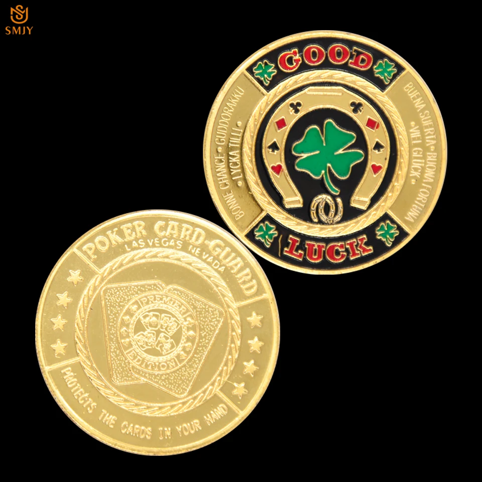 

Metal Poker Chip Souvenir Gift Golden Green Clover Good Fortune Challenge Coin Pop Poker Guard Token Coin For Collection