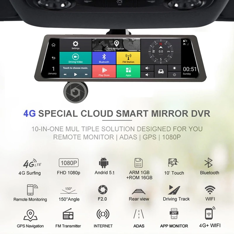 10 дюймов полный экран 4G пресс Ips Универсальный в комплекте автомобильный видеорегистратор заднего вида зеркало заднего вида с Gps Bluetooth Wifi Android 5,1