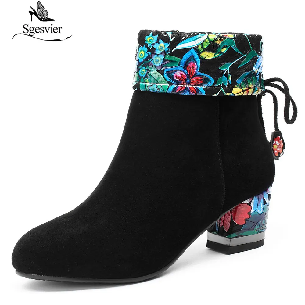 

Sgesvier 2019 New Fashion Embroidered Flowers Ankle Boots Women Square heel Ankle Boots Autumn Winter Women Cow Suede shoes B944