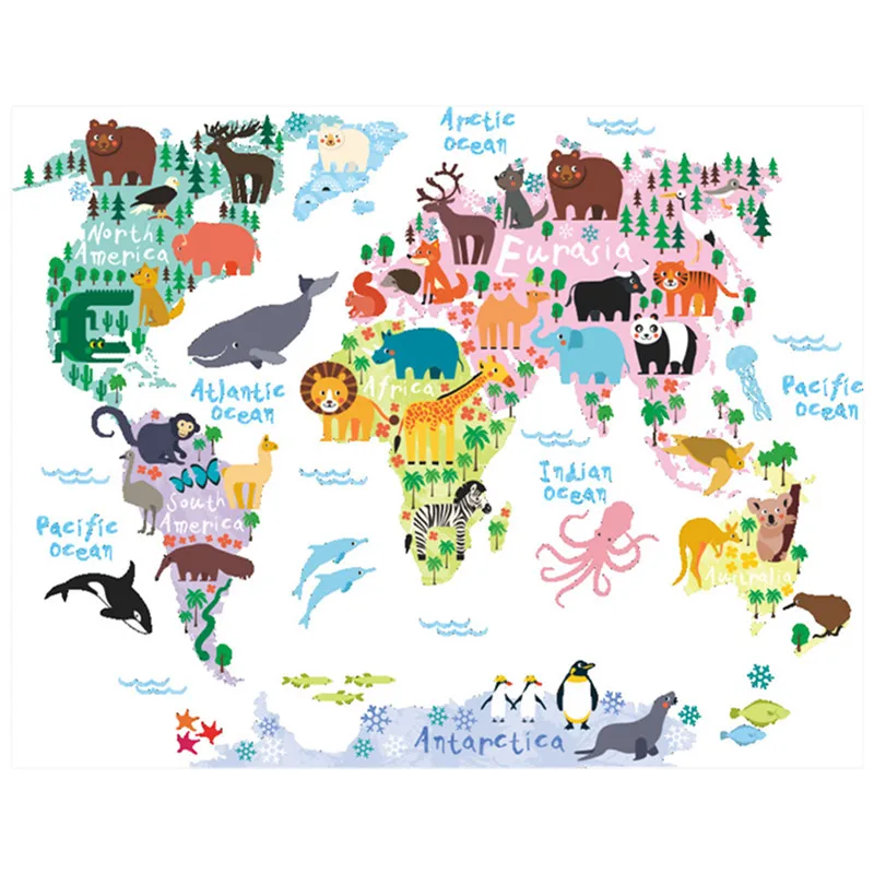 Baby favorite cartoon animal World Map 3d vinyl wall ...