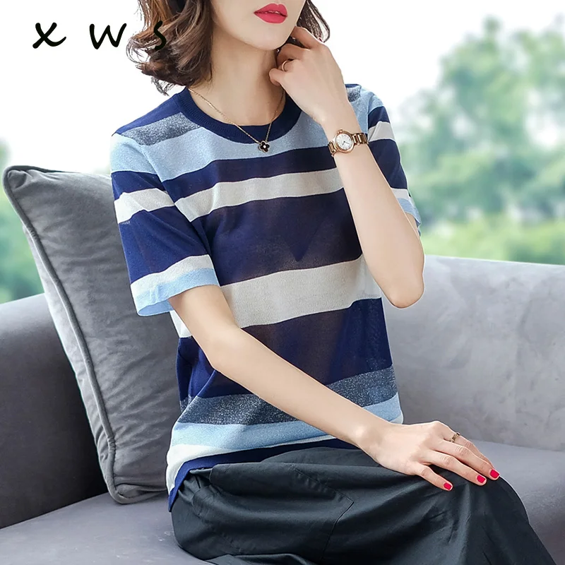 Shiny Lurex summer Sweater Women short Sleeve striped Pullover Basic Sweaters 2019 Korean Style Knit Tops Femme | Женская одежда