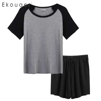 

Ekouaer Women Pajamas Set Short Sleepwear Set Lounge Patchwork Short Sleeve T-Shirts And Shorts Nightwear Suits Female Clothing
