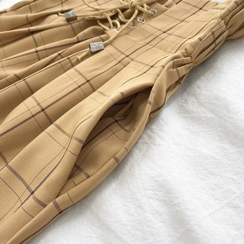 Japanese Harajuku Plaid Casual Pants Women 2019 Fashion Lace Up High Waist Loose Harem Pants Japanese Harajuku Plaid Casual Pants Women 2019 Fashion Lace Up High Waist Loose Harem Pants