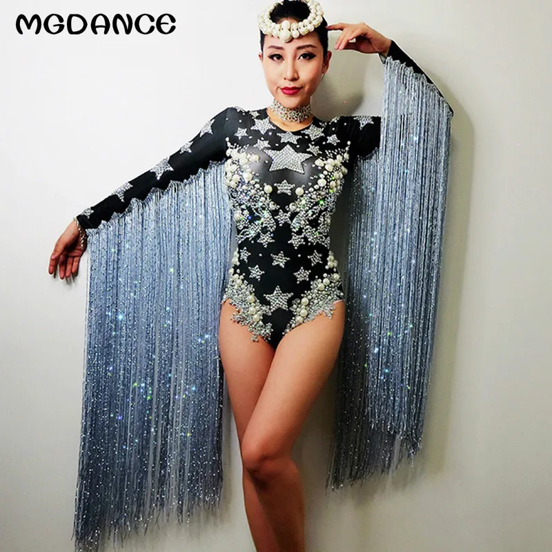 

New Women Sexy Bodysuit Black Singer Fringe Crystals tassel Jazz Dj Costume Rhinestone Dancer Nightclub Stage Party Clothing