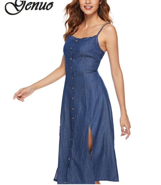 

2019 New Autumn Spring Women Strap Dress Casual Spaghetti Buttons Belt Denim High Waist Backless Midi Dress