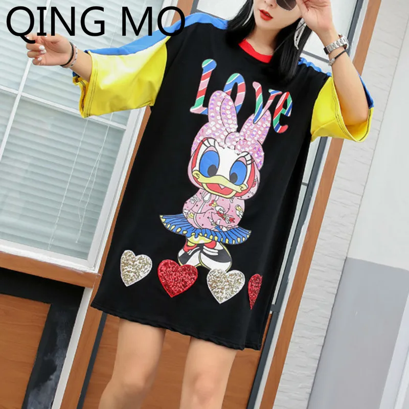 

QING MO Women Heart Shape Sequin T Shirt Black Pink White Women Cartoon Printing T Shirt O Neck Short Sleeve Top Lovely ZQY050