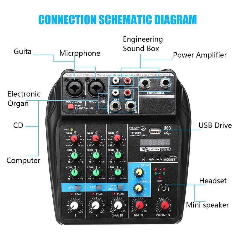 spesifikasi Portabel Bluetooth A4 Suara Pencampuran Konsol Audio Mixer Merekam 48 V Phantom Power Efek 4 Saluran Audio Mixer dengan USB spesifikasi Portabel Bluetooth A4 Suara Pencampuran Konsol Audio Mixer Merekam 48 V Phantom Power Efek 4 Saluran Audio Mixer dengan USB