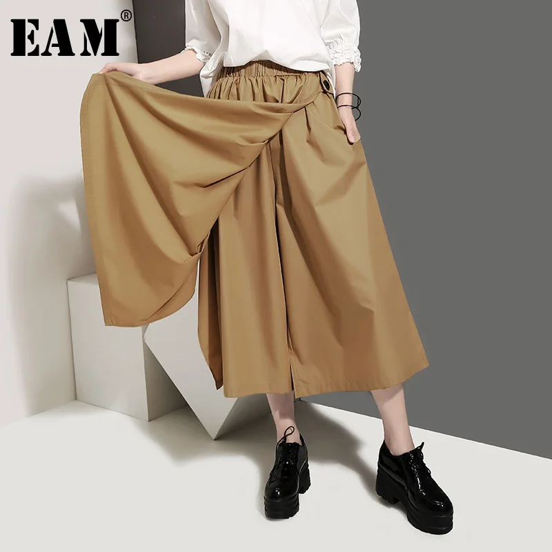 

[EAM] 2019 New Autumn Winter High Elastic Waist Black Split Joint False Two Wide Leg Loose Pants Women Trousers Fashion JU404