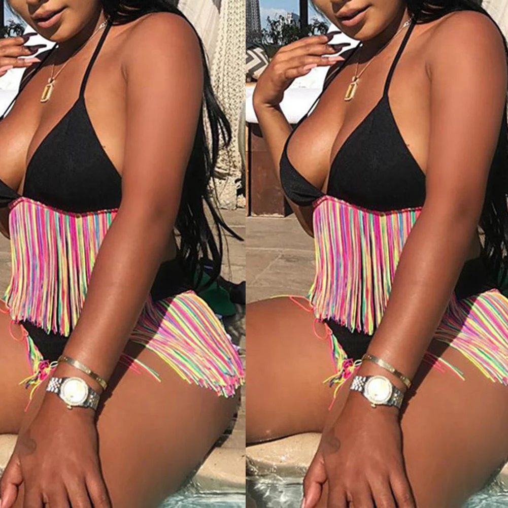 

2019 Biquini Women Tassels Bikini Set Push-up Padded Bra High Waist Swimsuit Swimwear Triangle Bathing Suit