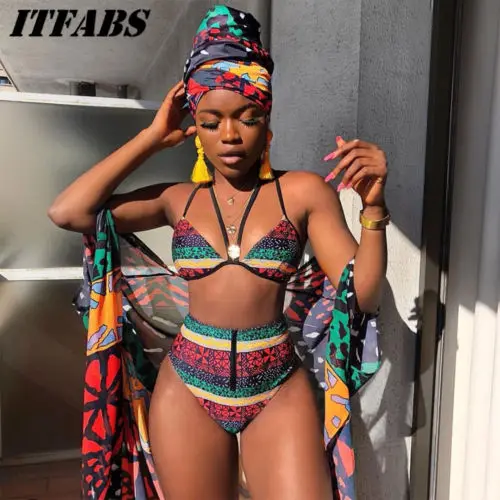 

2019 New Design Zipper High Waist Bikini Set Swimwear Women Strappy Padded Push-up Bra Swimsuit Beachwear Bathing Suit