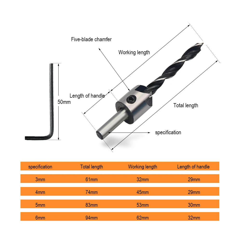 JelBo 4PCS Countersink Drill Bit + 1PC Hex Shank 5 Flute Chamfer Reamer Tool Drill Bit Set For Woodworking (3/4/5/6MM ) JelBo 4PCS Countersink Drill Bit + 1PC Hex Shank 5 Flute Chamfer Reamer Tool Drill Bit Set For Woodworking (3/4/5/6MM )