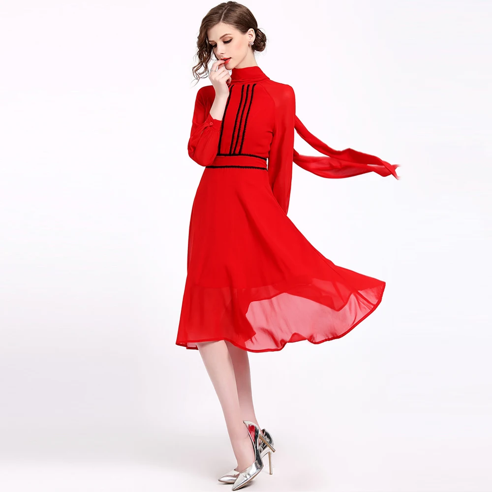 Women Solid Red chiffon dress long sleeve High waist mid calf Round